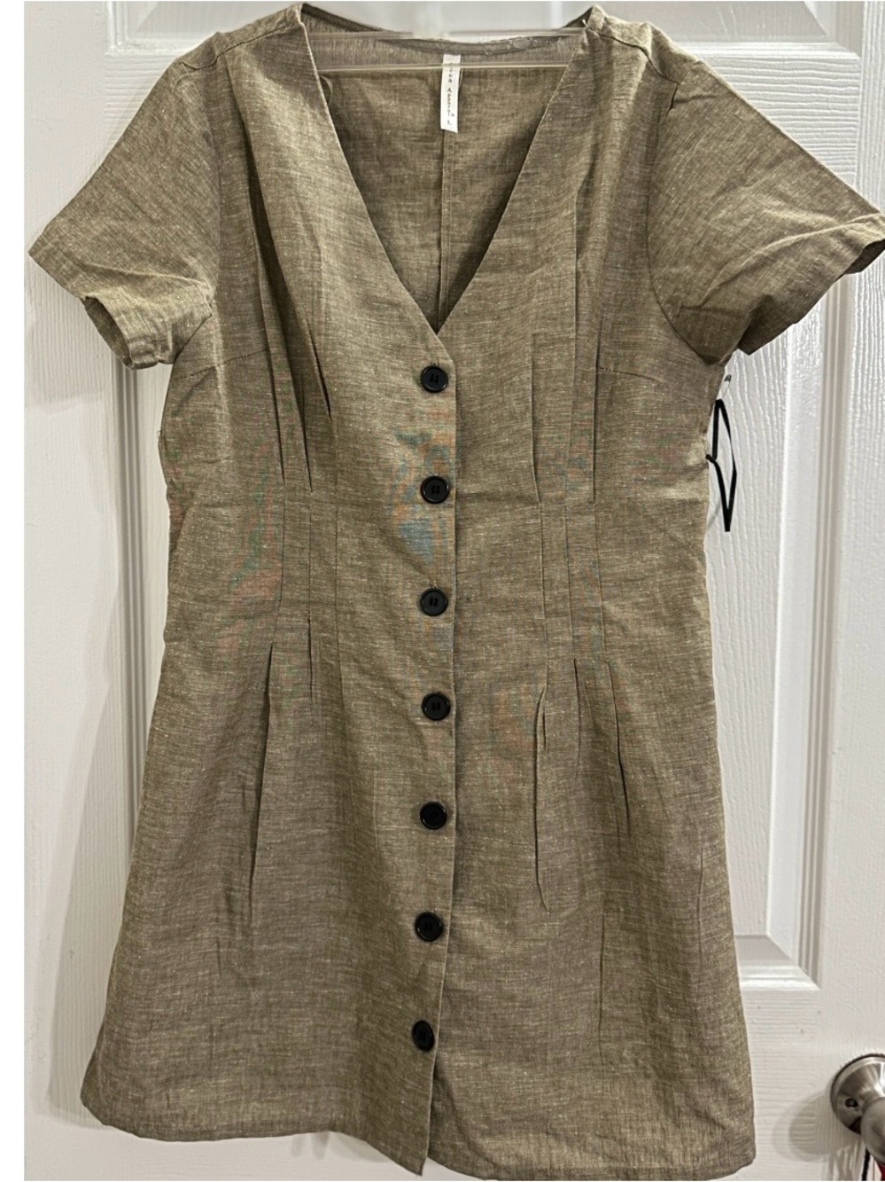 Icon Apparel V-Neck Button Front Short Sleeve Dress in Olive Tan